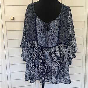 Knox Rose Navy Blue and White Paisley Peasant Boho Tunic Sz M